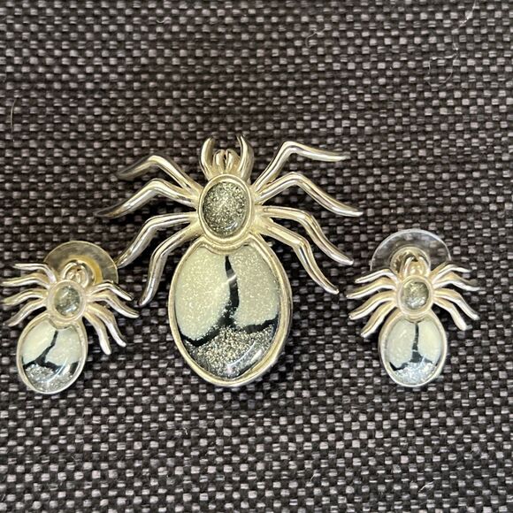 Vintage Silver Tone and Druzy Style Stone Spider Brooch And Earring Set - Picture 1 of 7